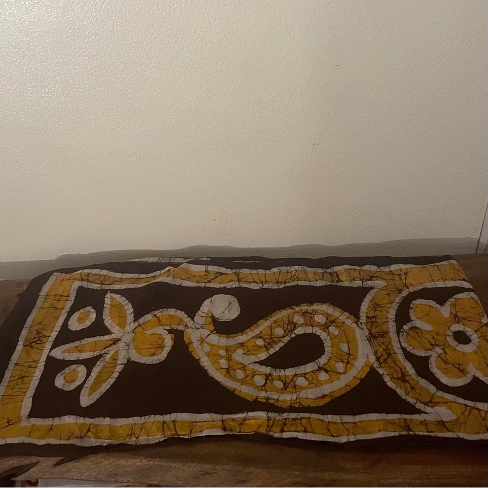 Handprint Made in India Batik Scarf – Brown & Mustard – 68” x 15.5” - Picture 4 of 12
